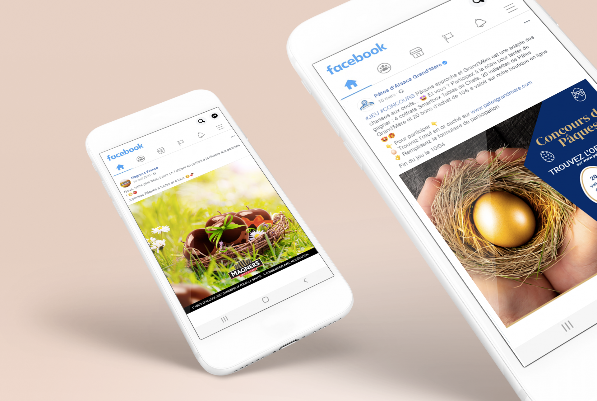 2 téléphones montrant des publications de marques sur Facebook à l'occasion des fêtes de Pâques