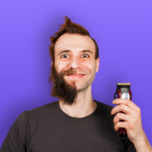 Homme avec tondeuse et barbe inégale.